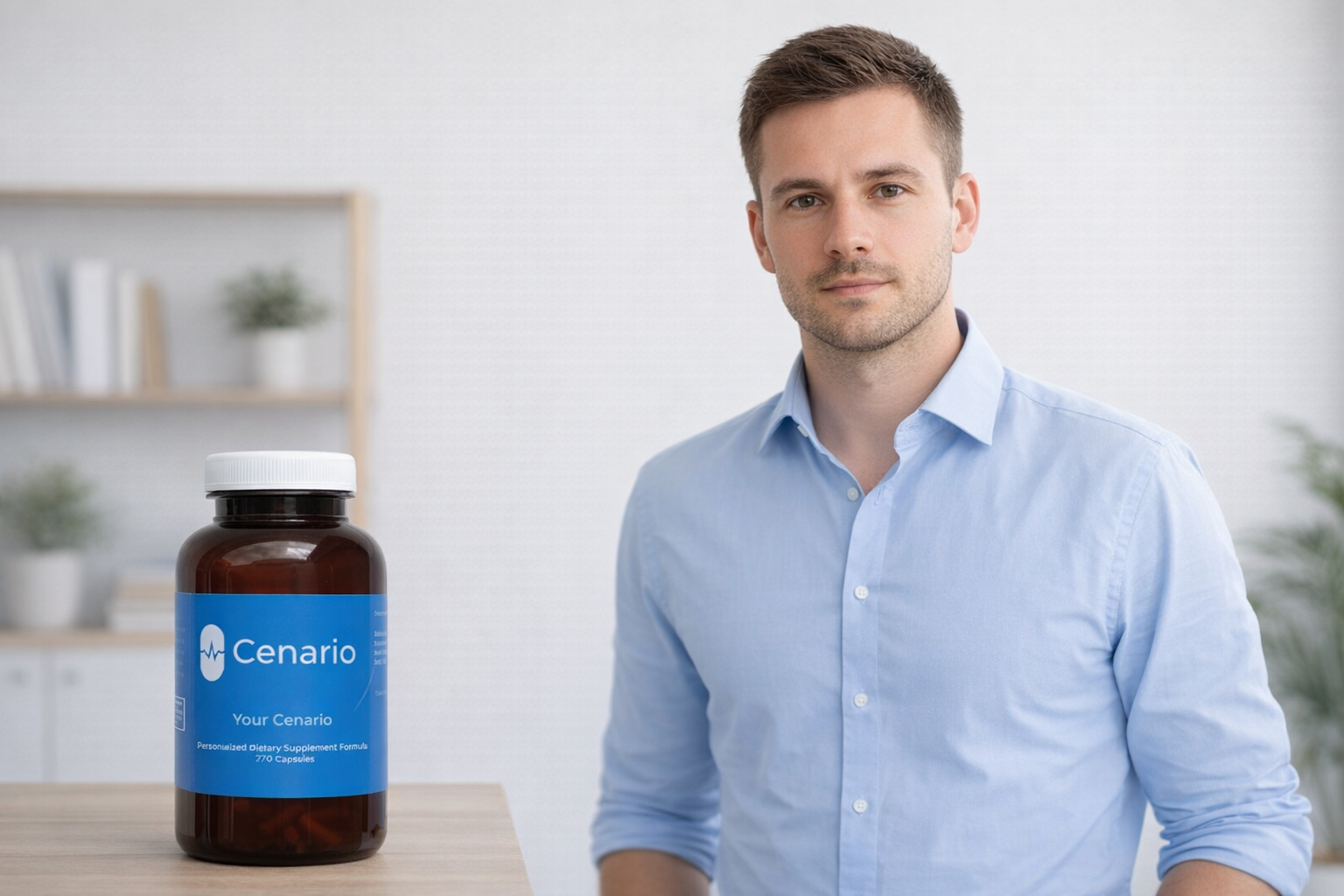 Man standing next to a Cenario supplement bottle