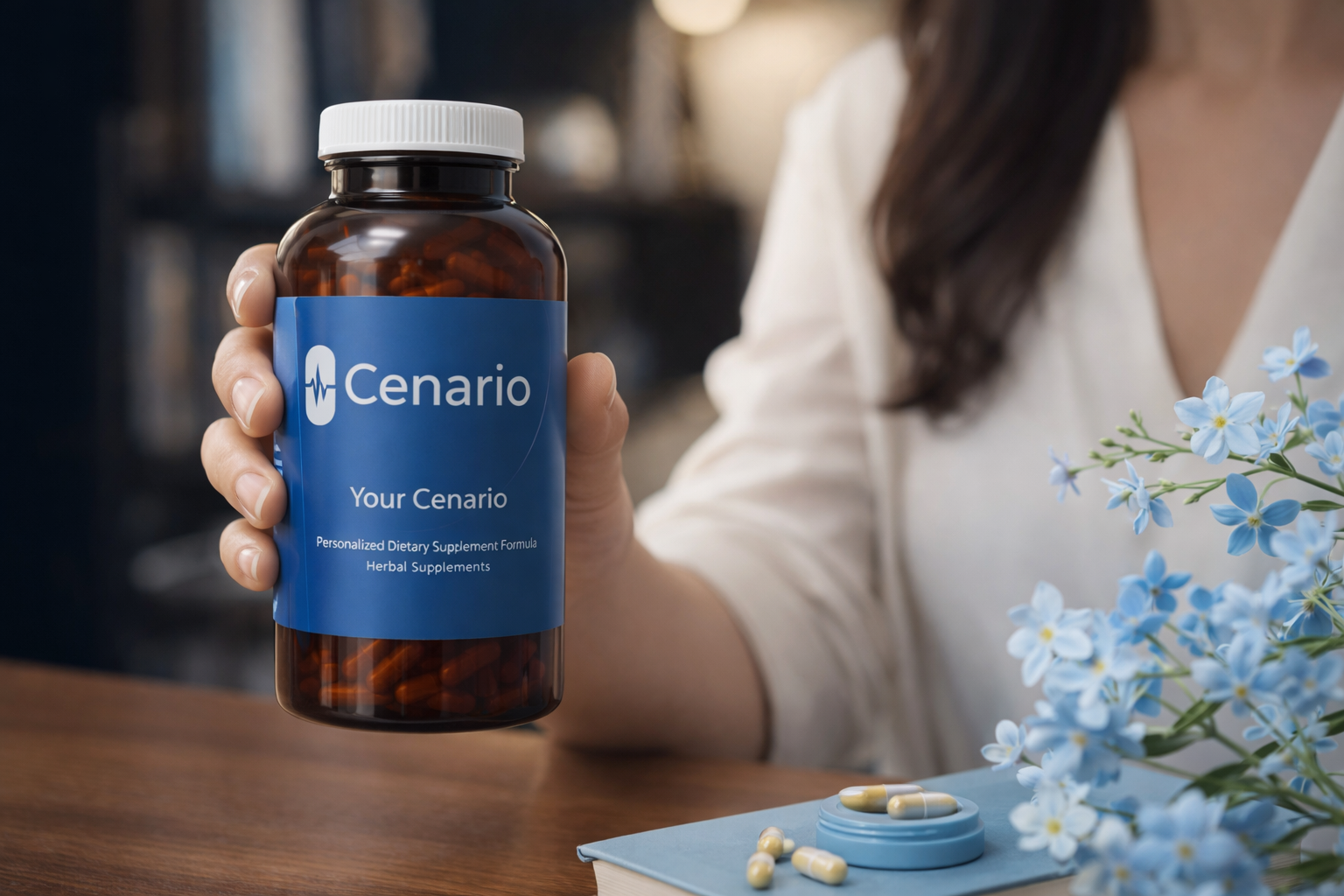 Hand holding a bottle of Cenario herbal supplement capsules