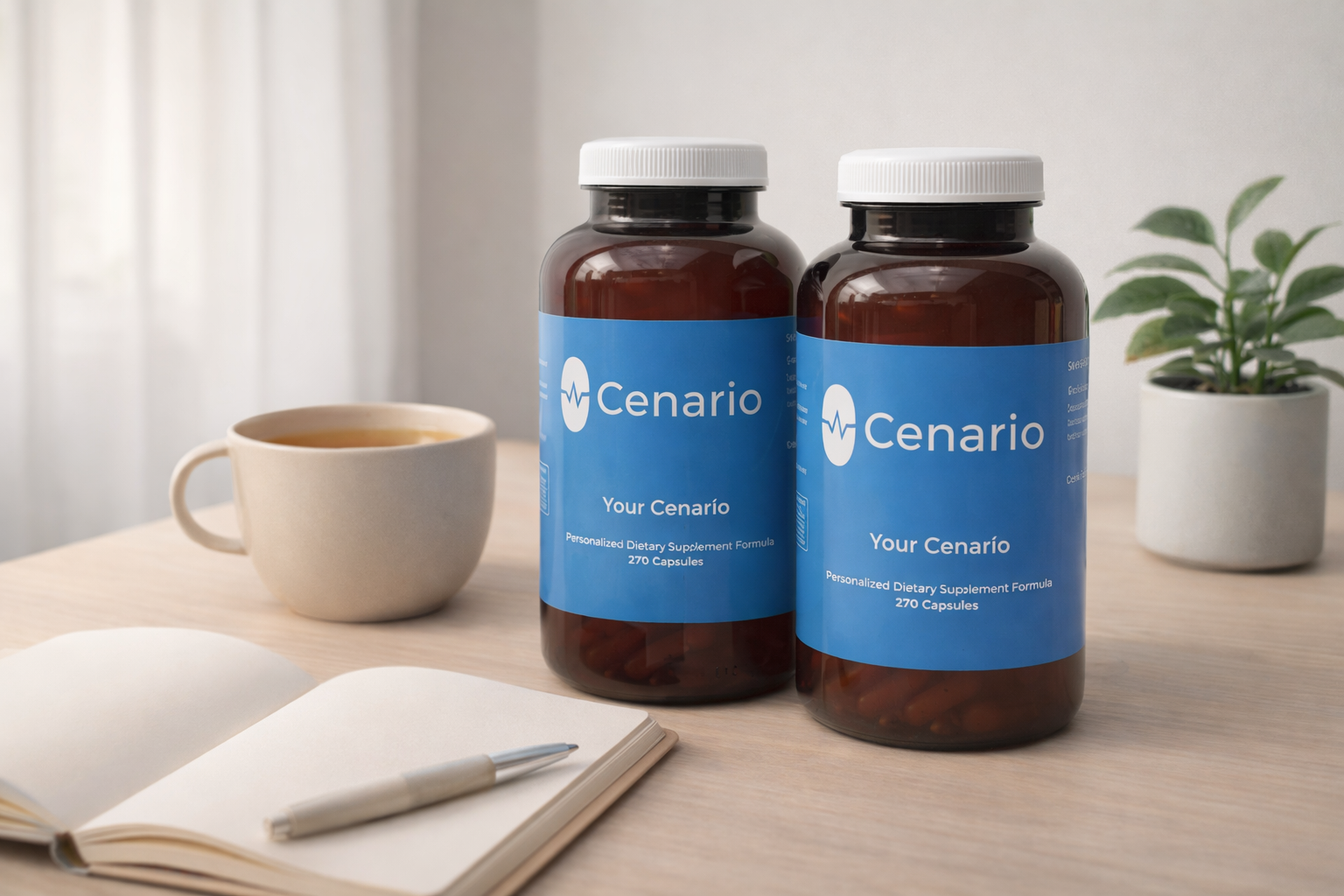 Two Cenario supplement bottles on table with cup and notebook