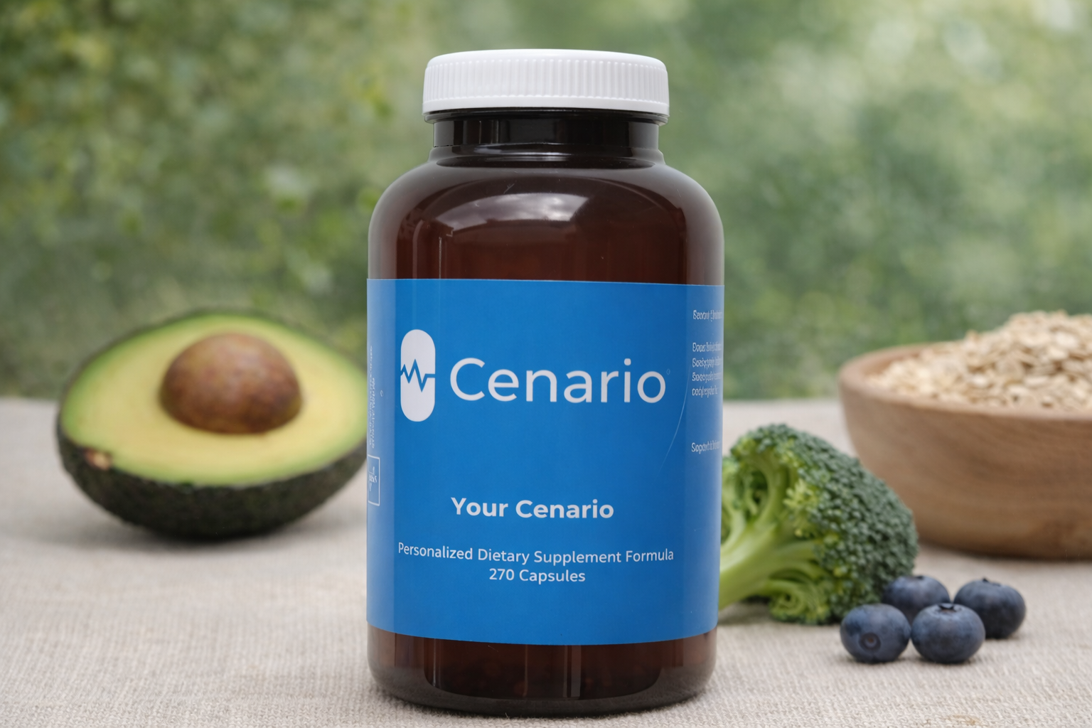 Cenario supplement bottle with avocado, broccoli, blueberries, and oats