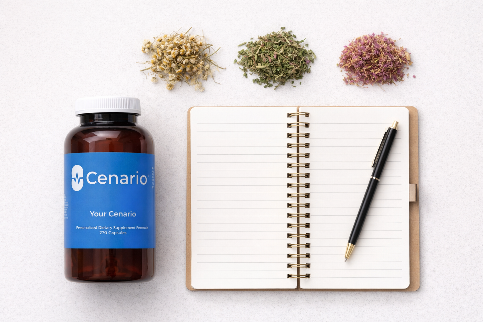 Supplement bottle, dried herbs, open notebook, and pen on table