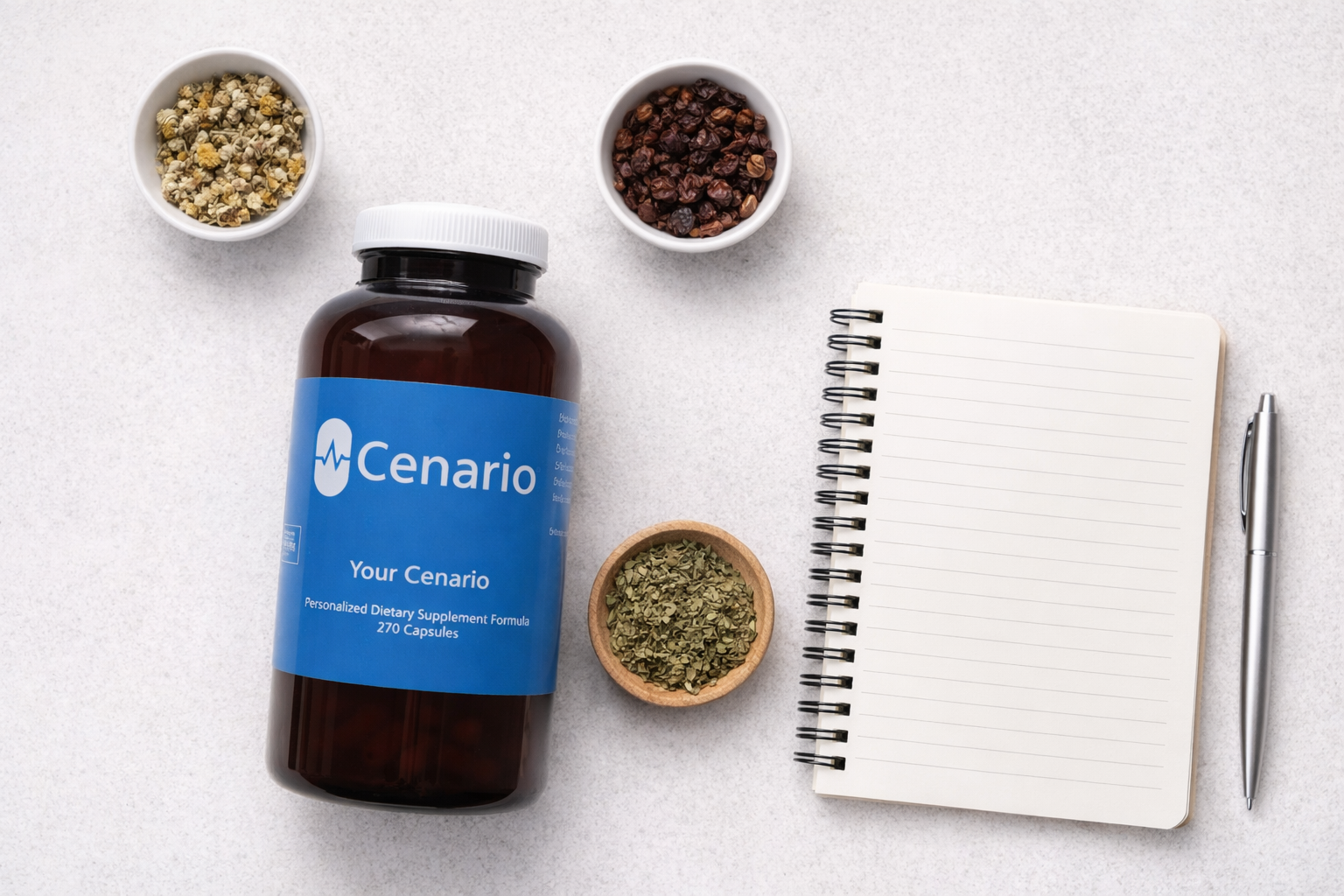 Bottle of Cenario dietary supplement with herbs, notebook, and pen
