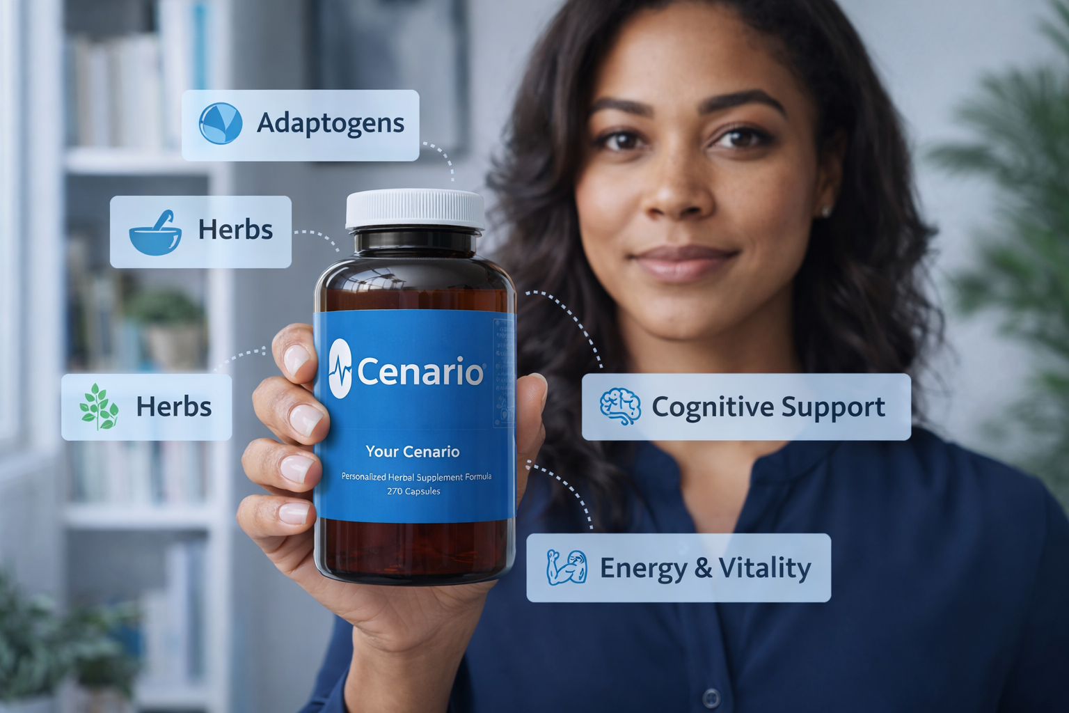 Woman holding Cenario herbal supplement bottle with benefit labels