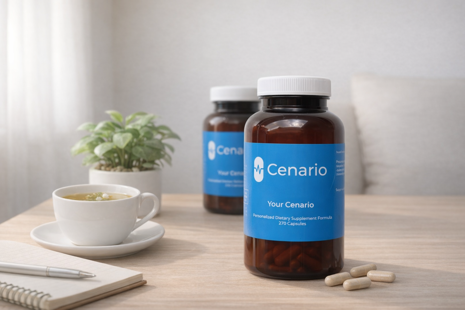 Cenario dietary supplement bottles with capsules on table