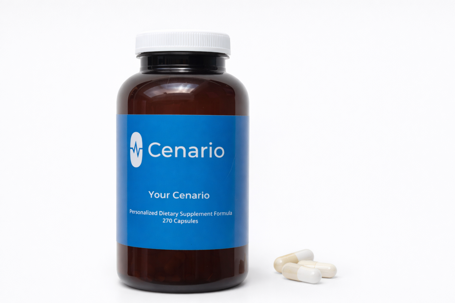 Brown supplement bottle with blue Cenario label and capsules