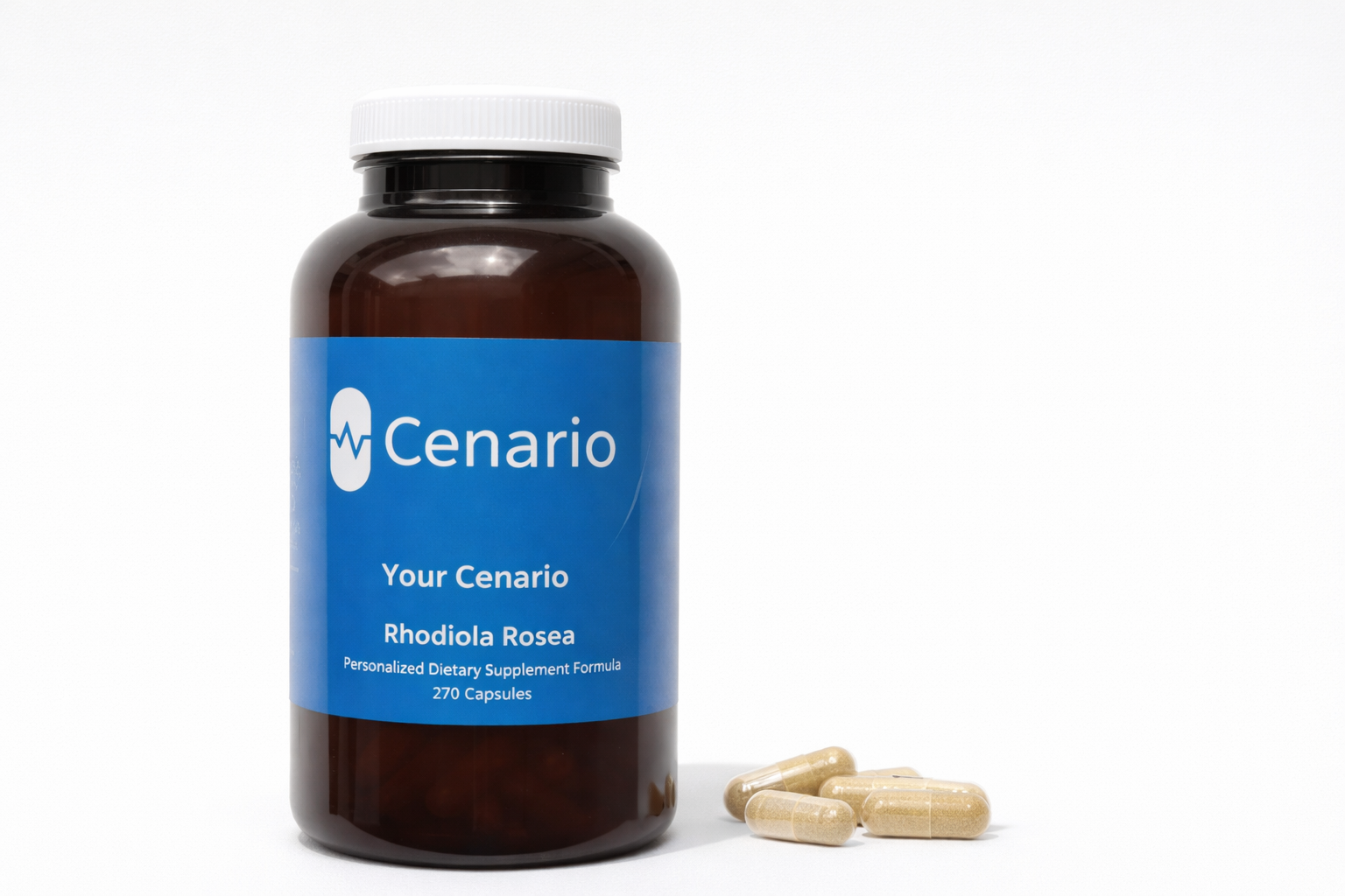 Cenario Rhodiola Rosea supplement bottle with capsules
