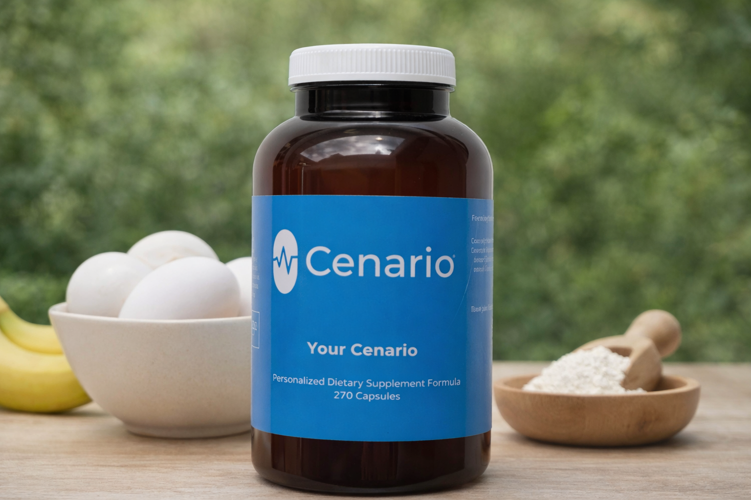 Cenario dietary supplement bottle with eggs, banana, and powder