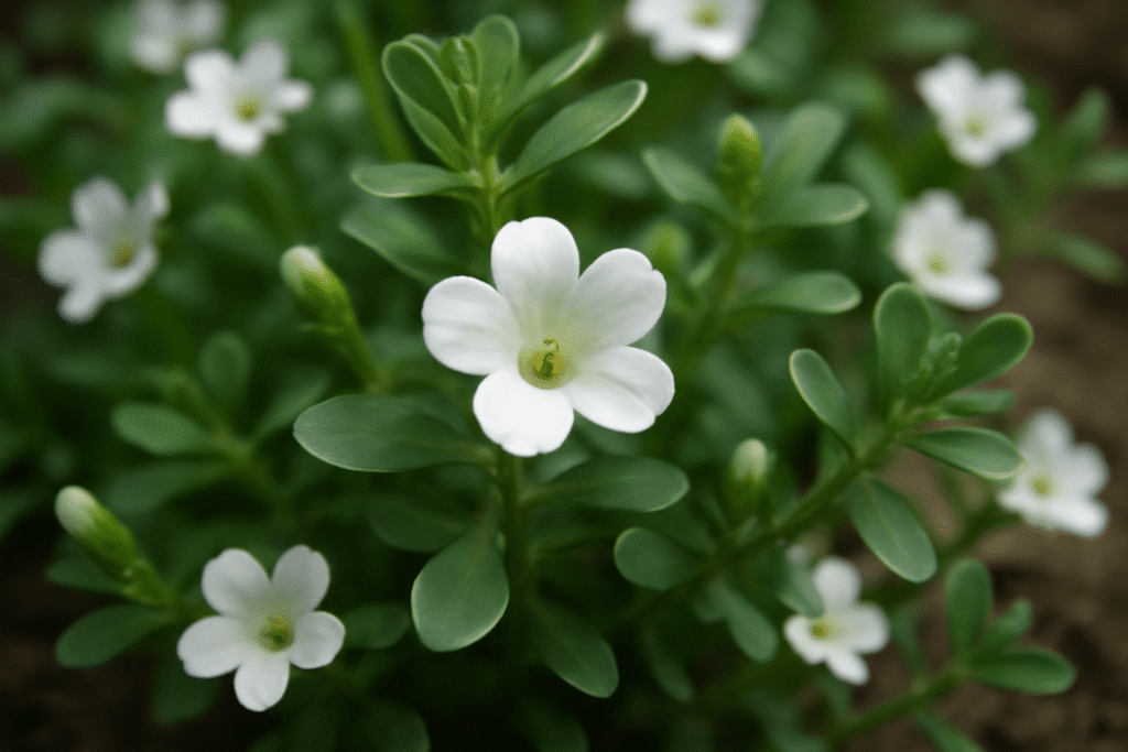 Fresh Bacopa monnieri leaves, known for their cognitive and memory-boosting benefits, displayed on a wooden surface with a blurred natural background.