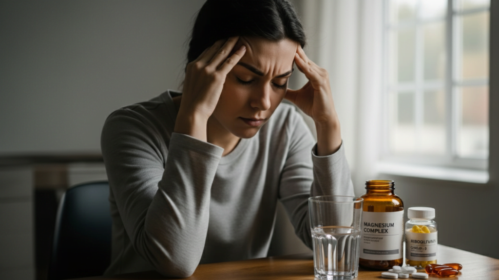 Bottles of magnesium, riboflavin, and CoQ10 supplements arranged on a table, recommended as some of the best supplements for headaches.