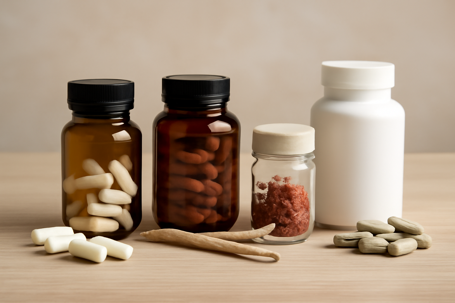 Various supplement bottles and capsules on wooden surface