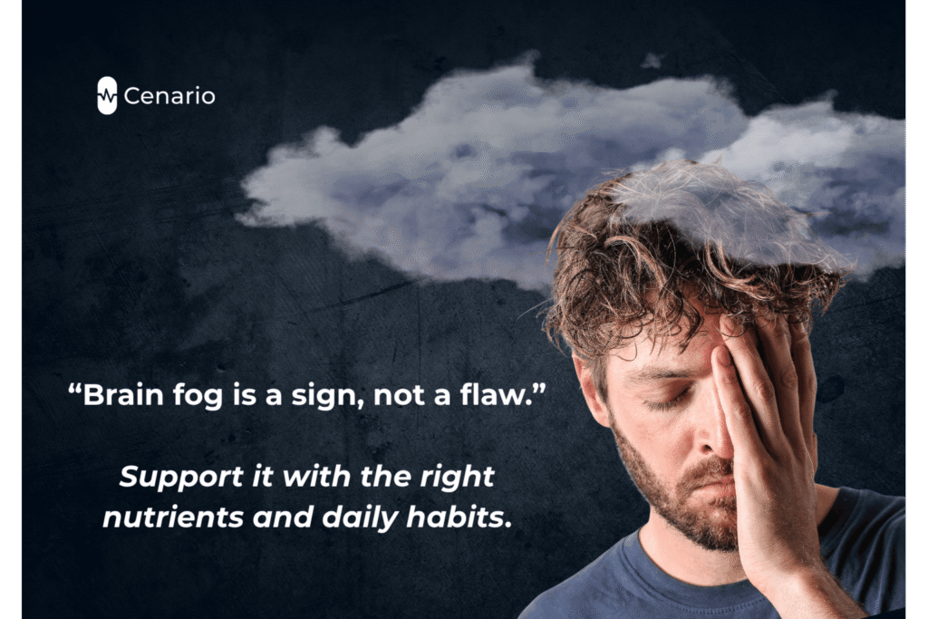 Bottles of vitamin supplements labeled B12, D, omega-3, and ginkgo biloba, recommended for improving brain fog and memory support on a wooden table.