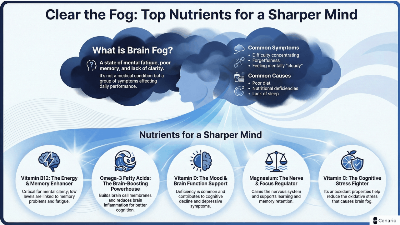 Diagram explaining brain fog symptoms, causes, and key nutrients for clarity