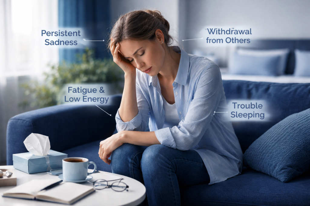 A person practicing mindfulness meditation in a peaceful room, illustrating non-medication strategies for managing bipolar depression symptoms.