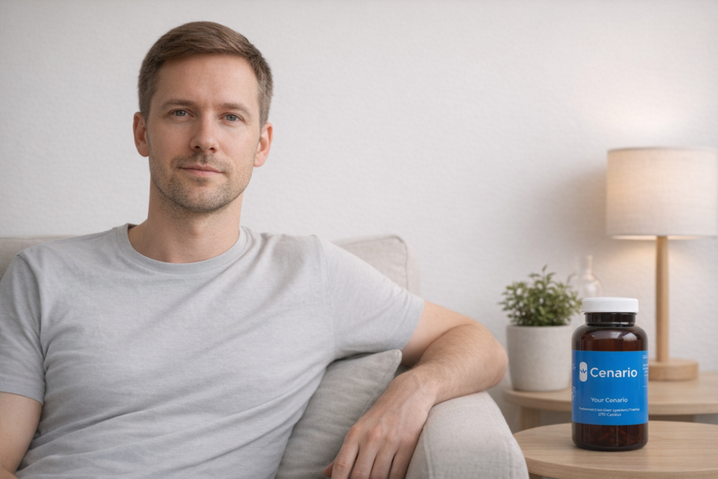 Bottles of vitamins and supplements commonly used to support mental health, labeled for anxiety and depression, arranged on a wooden table.