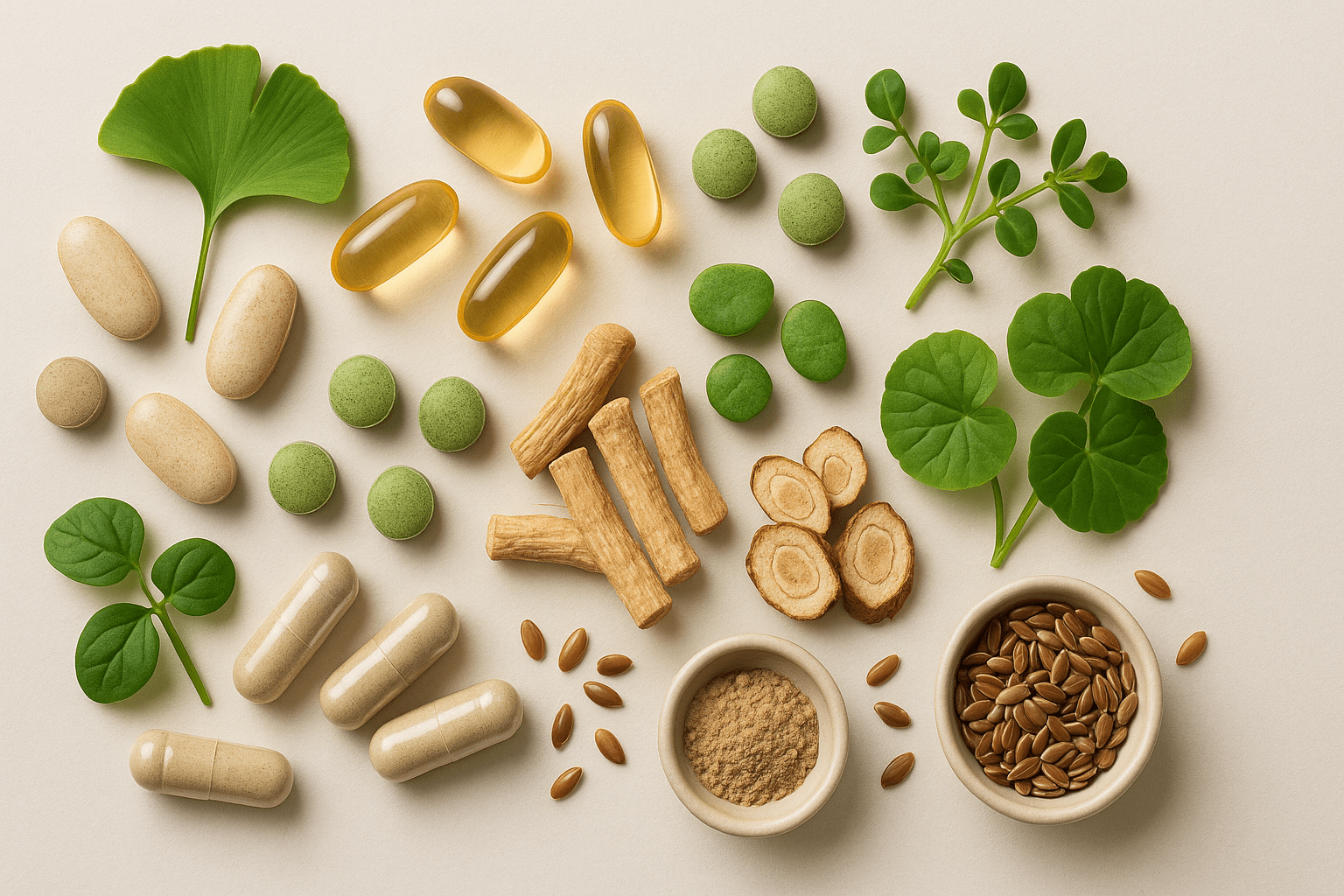 A bottle of brain supplement capsules with natural ingredients designed to support memory, focus, and cognitive function, placed on a white background.
