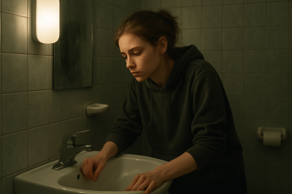 A woman practices bulimia nervosa self-care by journaling her feelings, preparing a balanced meal, and using coping strategies to manage urges.