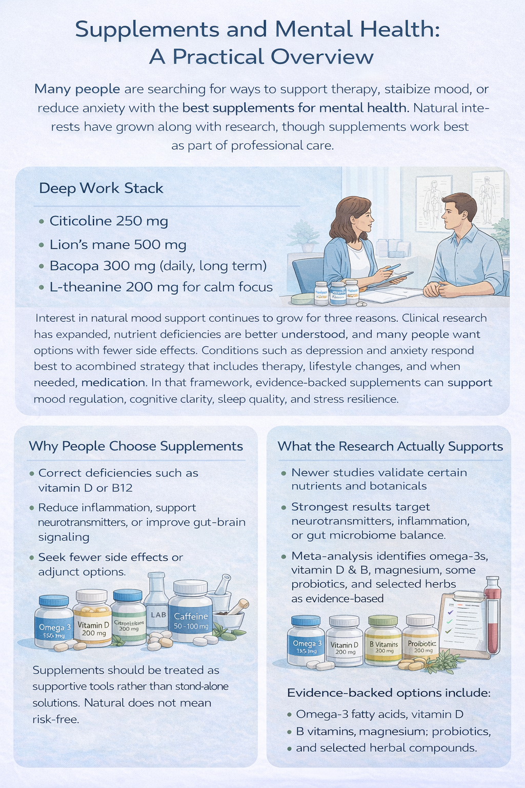 Infographic about supplements and mental health with pill bottles and people discussi