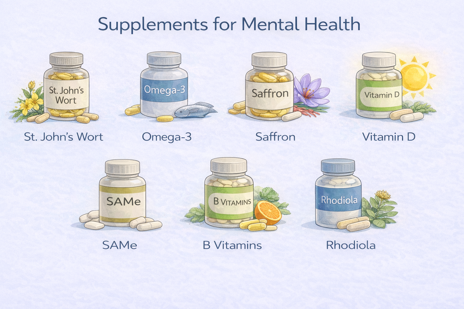 Bottles of supplements labeled St. John’s Wort, Omega-3, Saffron, Vitamin D, SAMe, B