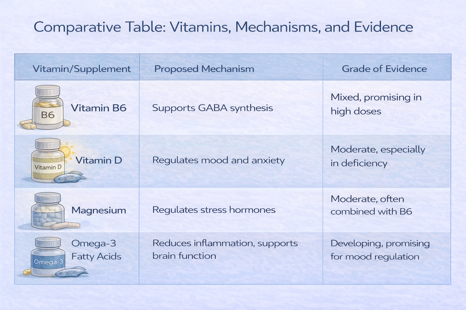 Table comparing vitamins B6, D, magnesium, and omega-3 with uses and evidence