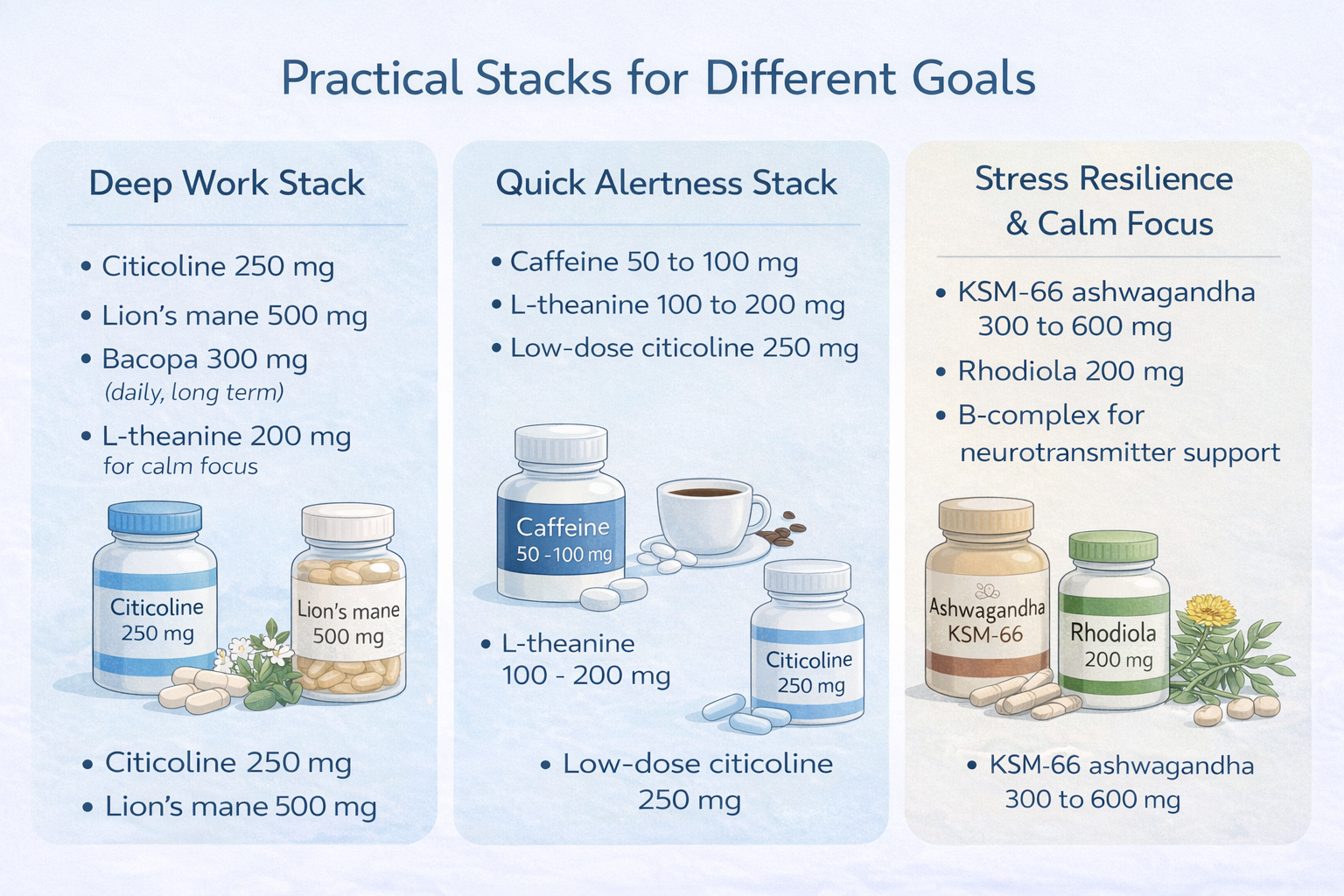 Supplement stacks for deep work, quick alertness, and stress resilience