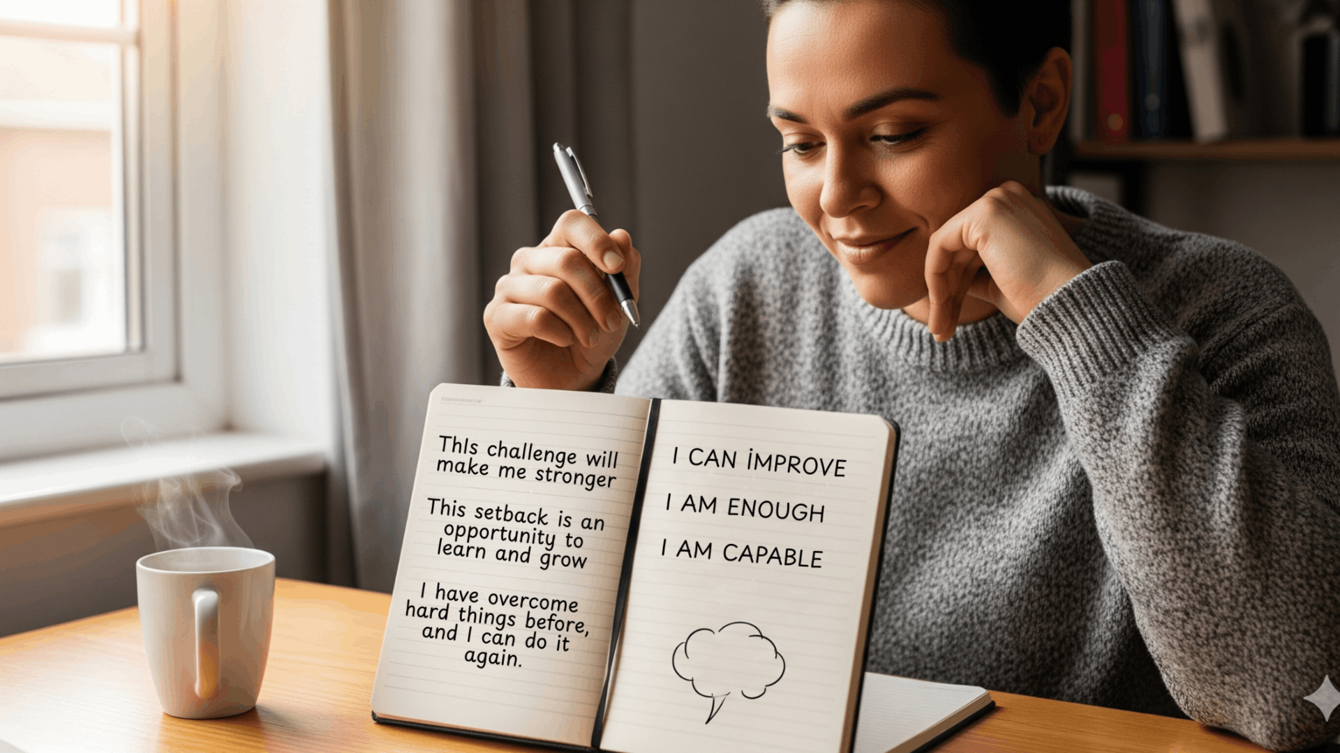 Illustration of a person shifting negative thoughts to positive ones, symbolizing the process of cognitive reframing for improved mental well-being.