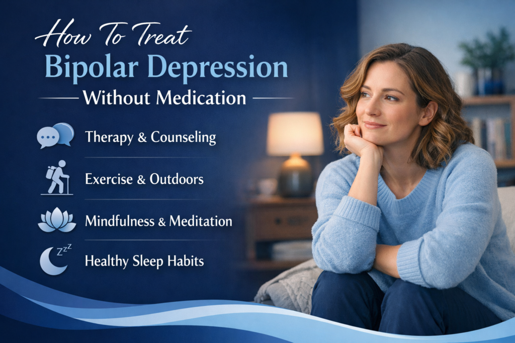 A person practicing mindfulness meditation and journaling as non-medication strategies to manage symptoms of bipolar depression at home.