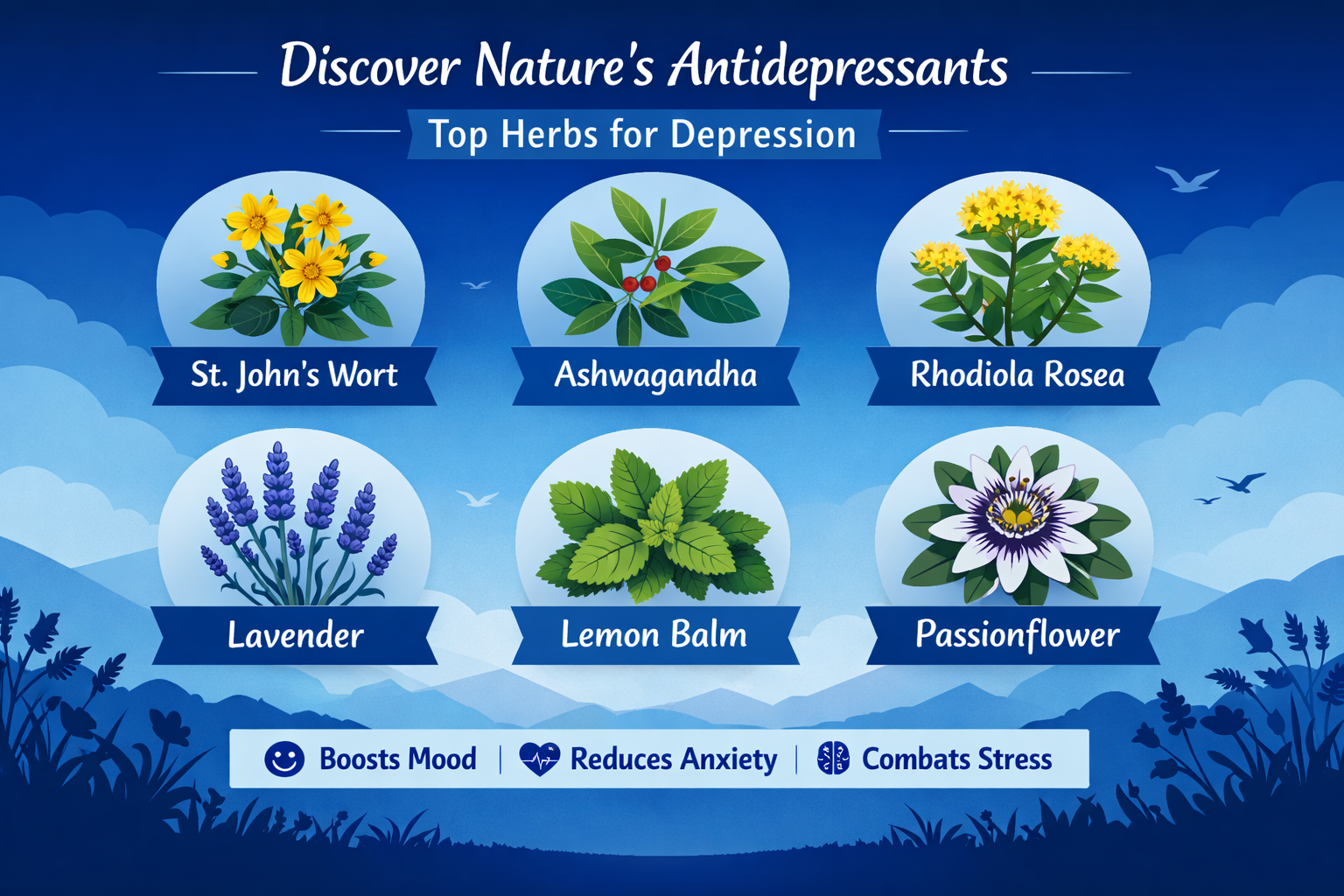 A selection of herbs commonly used for depression, including St. John’s Wort, lavender, and chamomile, displayed on a wooden table with dried leaves.