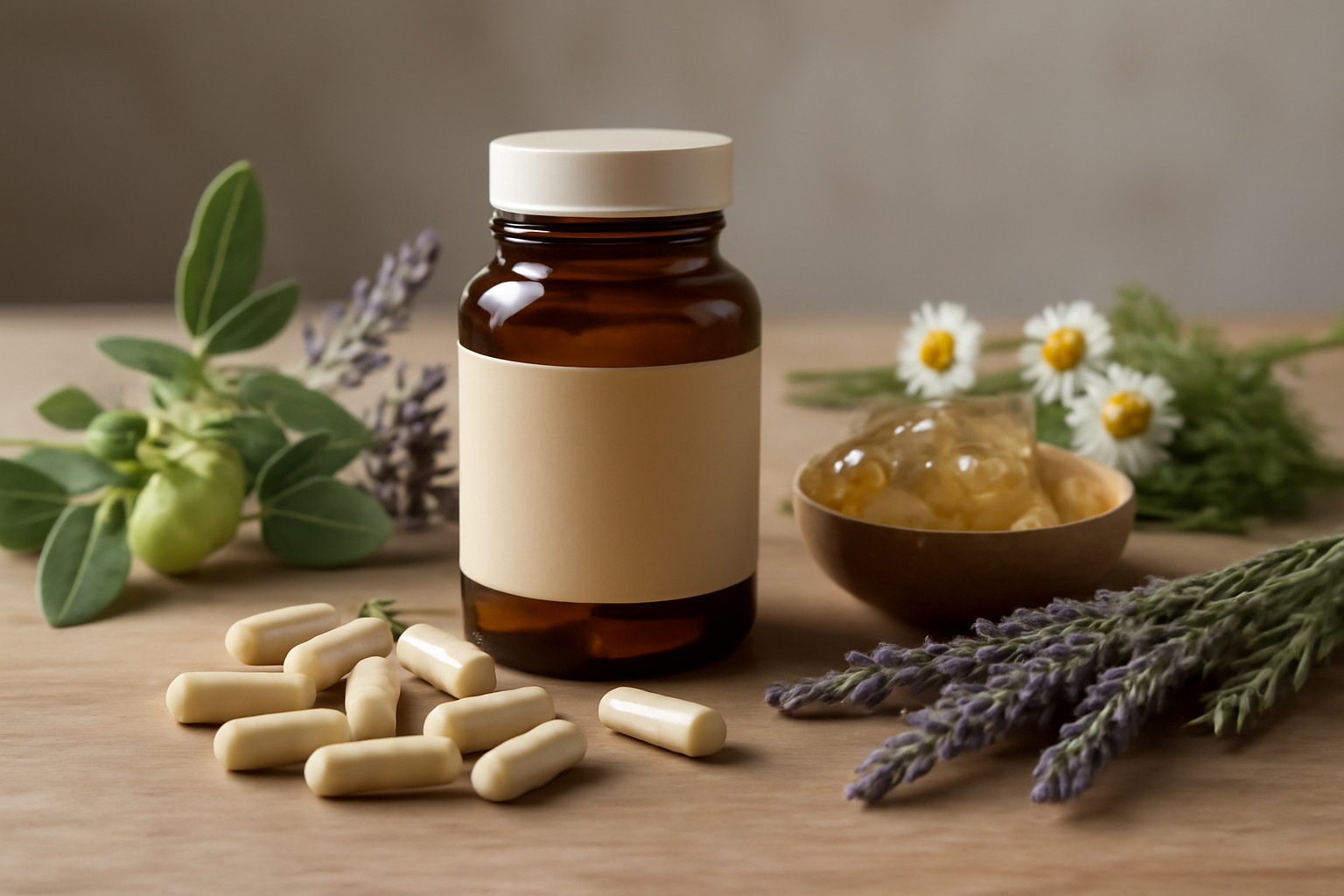 Bottles of natural supplements for anxiety relief, including magnesium, ashwagandha, and L-theanine, displayed on a wooden table with calming decor.