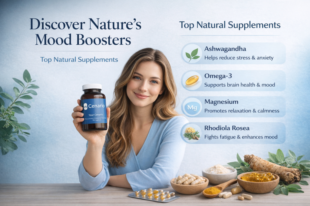 Bottles of natural antidepressant supplements, including St. John’s Wort, omega-3 capsules, and herbal extracts, arranged on a wooden table.