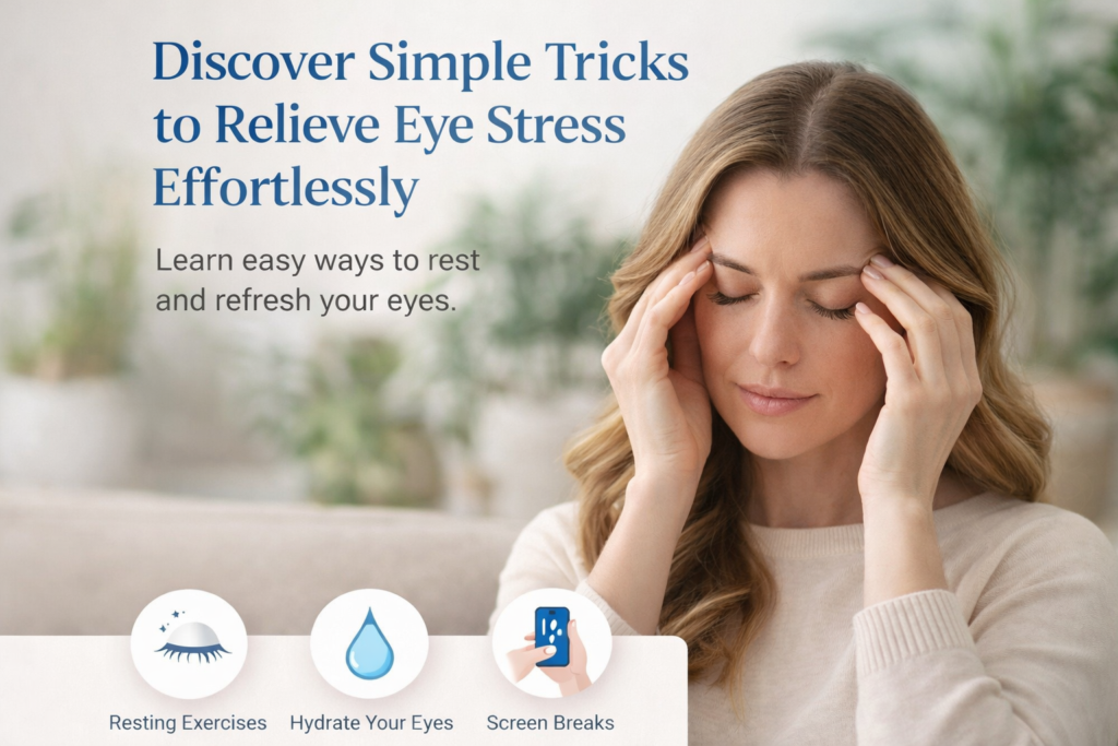 Person gently massaging their closed eyes with fingertips while sitting at a desk, demonstrating a simple technique to relieve eye stress during screen use.