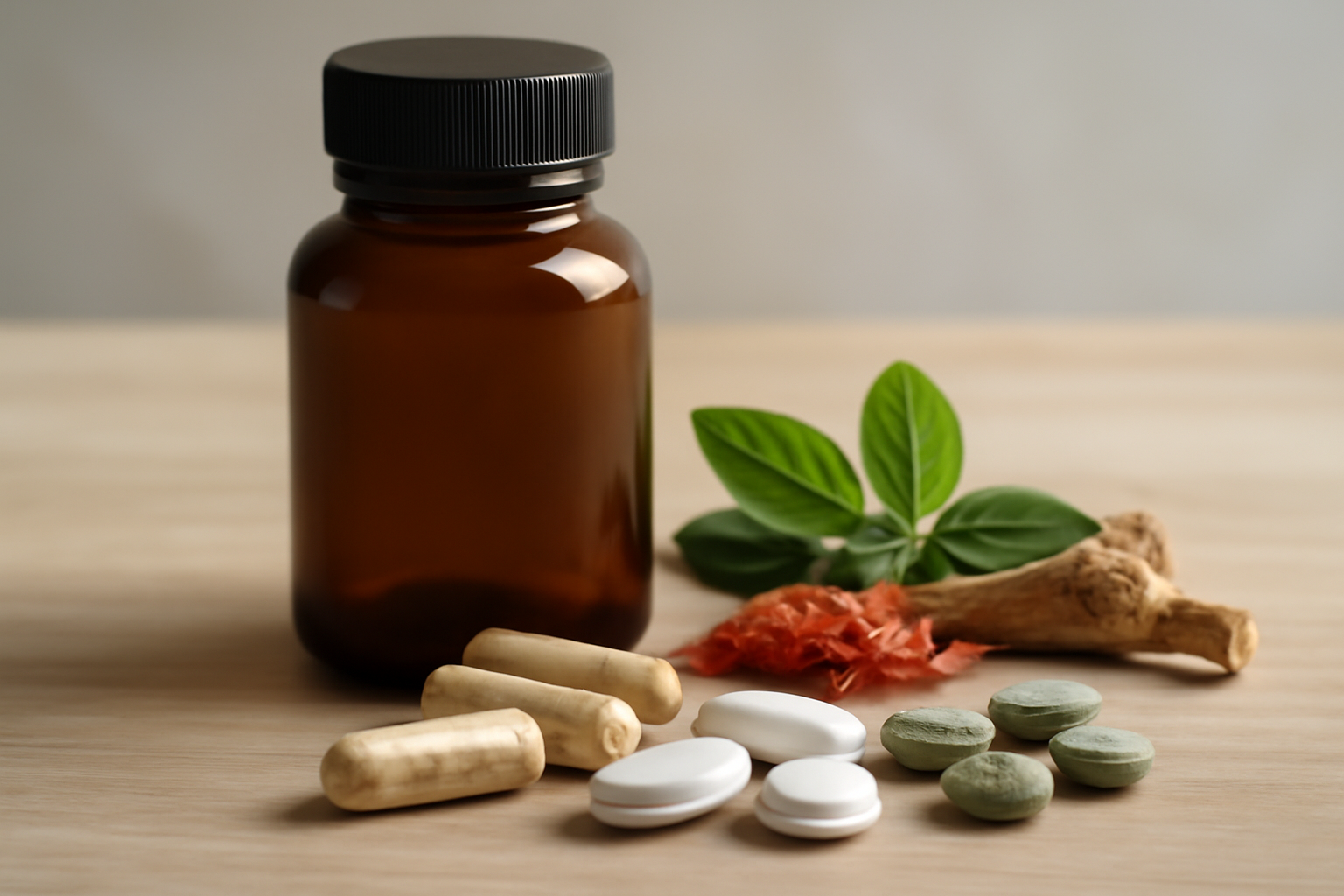 Bottles of natural supplements labeled for anxiety and stress relief, including ashwagandha, magnesium, and L-theanine, arranged on a wooden table.