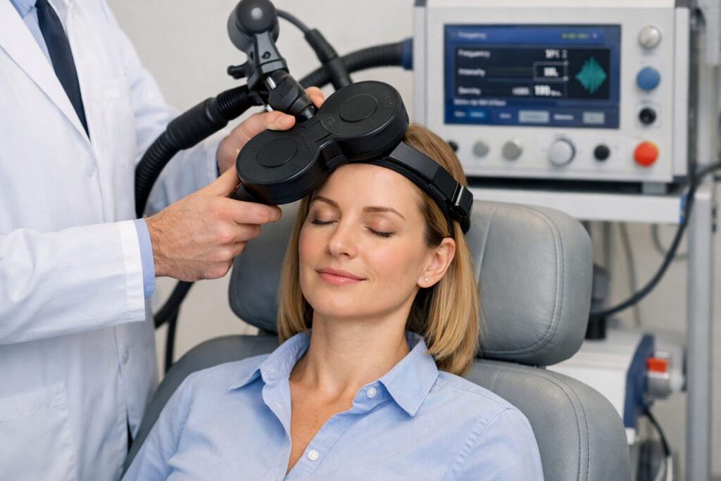 A patient undergoing transcranial magnetic stimulation (TMS) therapy, with a magnetic coil positioned near the head to stimulate brain activity.
