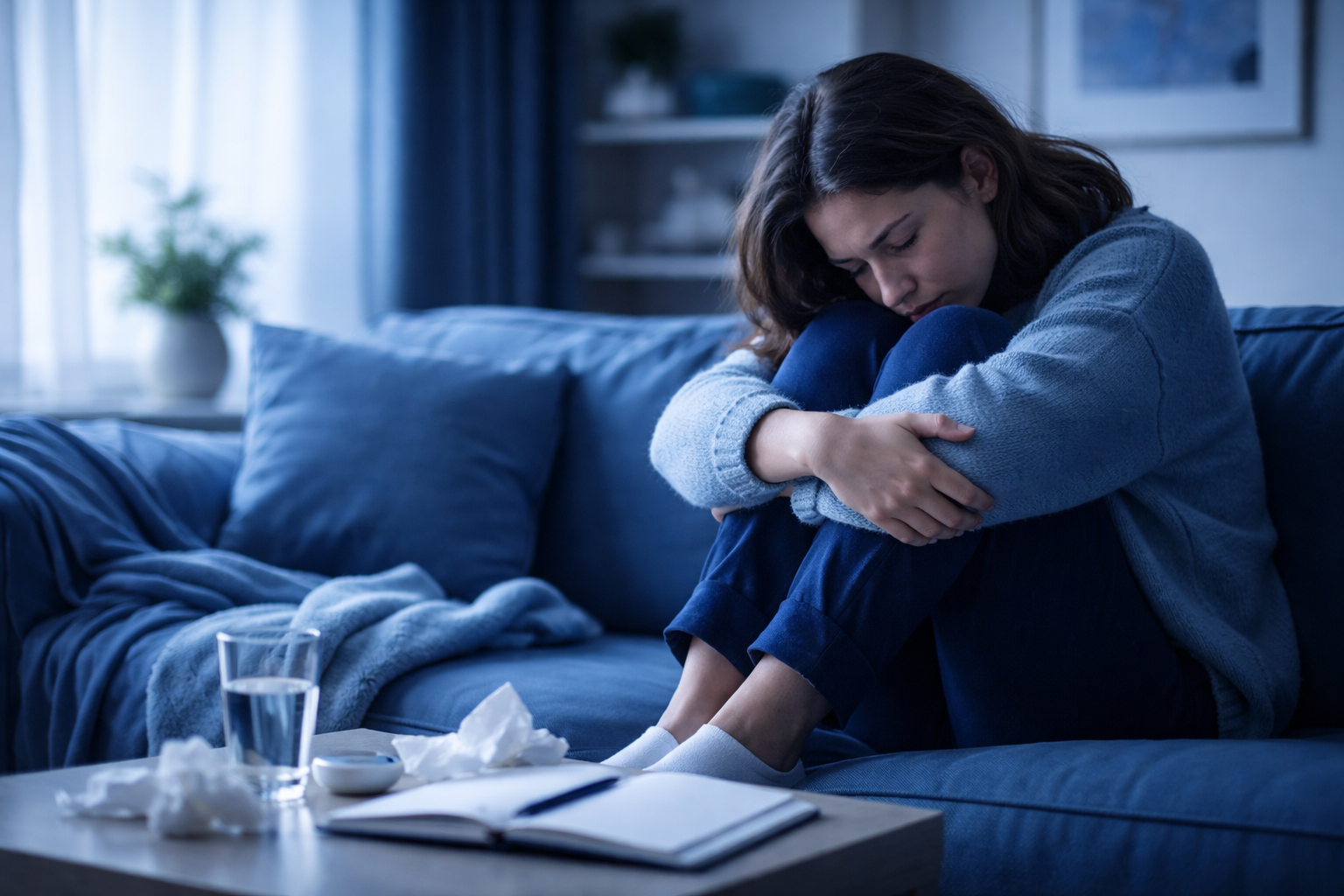 Illustration showing symptoms of atypical depression, including mood reactivity, increased appetite, excessive sleep, and sensitivity to rejection.