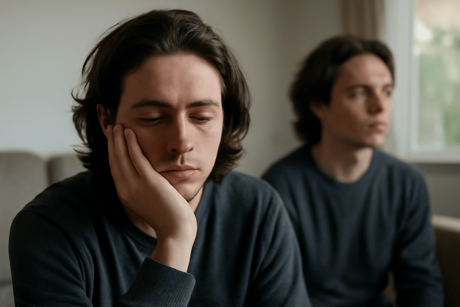 A person staring blankly into space, appearing detached from their surroundings, illustrating the concept of dissociation and mental disconnection.