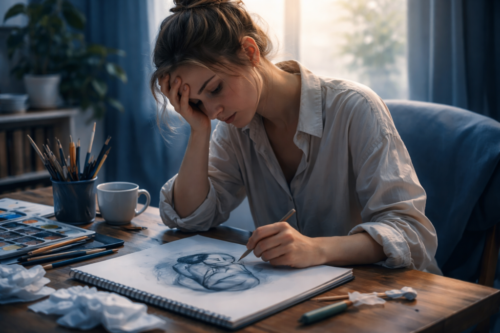 A hand sketch shows a person sitting alone with their head down, surrounded by dark, swirling lines symbolizing the overwhelming weight of depression.