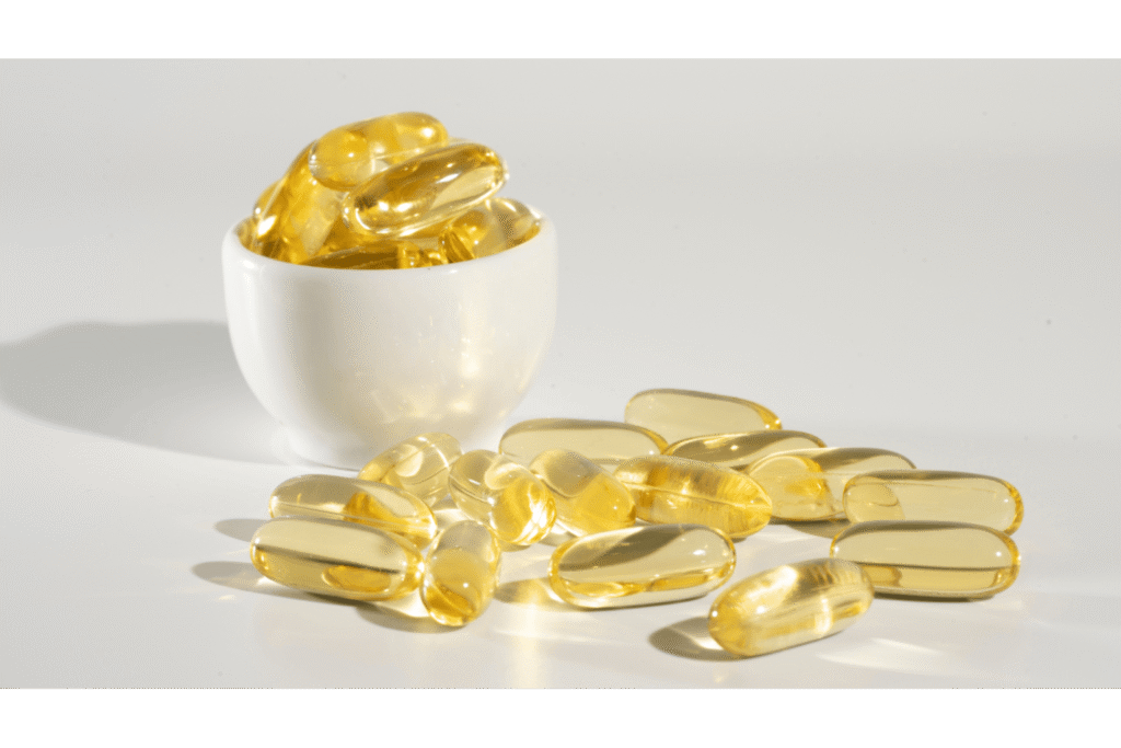 Close-up of omega-3 rich fish oil capsules, highlighting EPA and DHA content, essential fatty acids known for supporting heart and brain health.