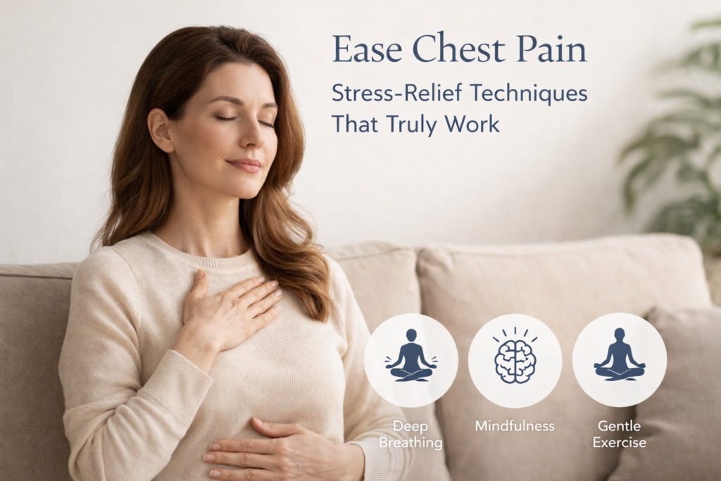 Person practicing deep breathing exercises at home to relieve chest pain caused by stress and anxiety, promoting relaxation and emotional well-being.