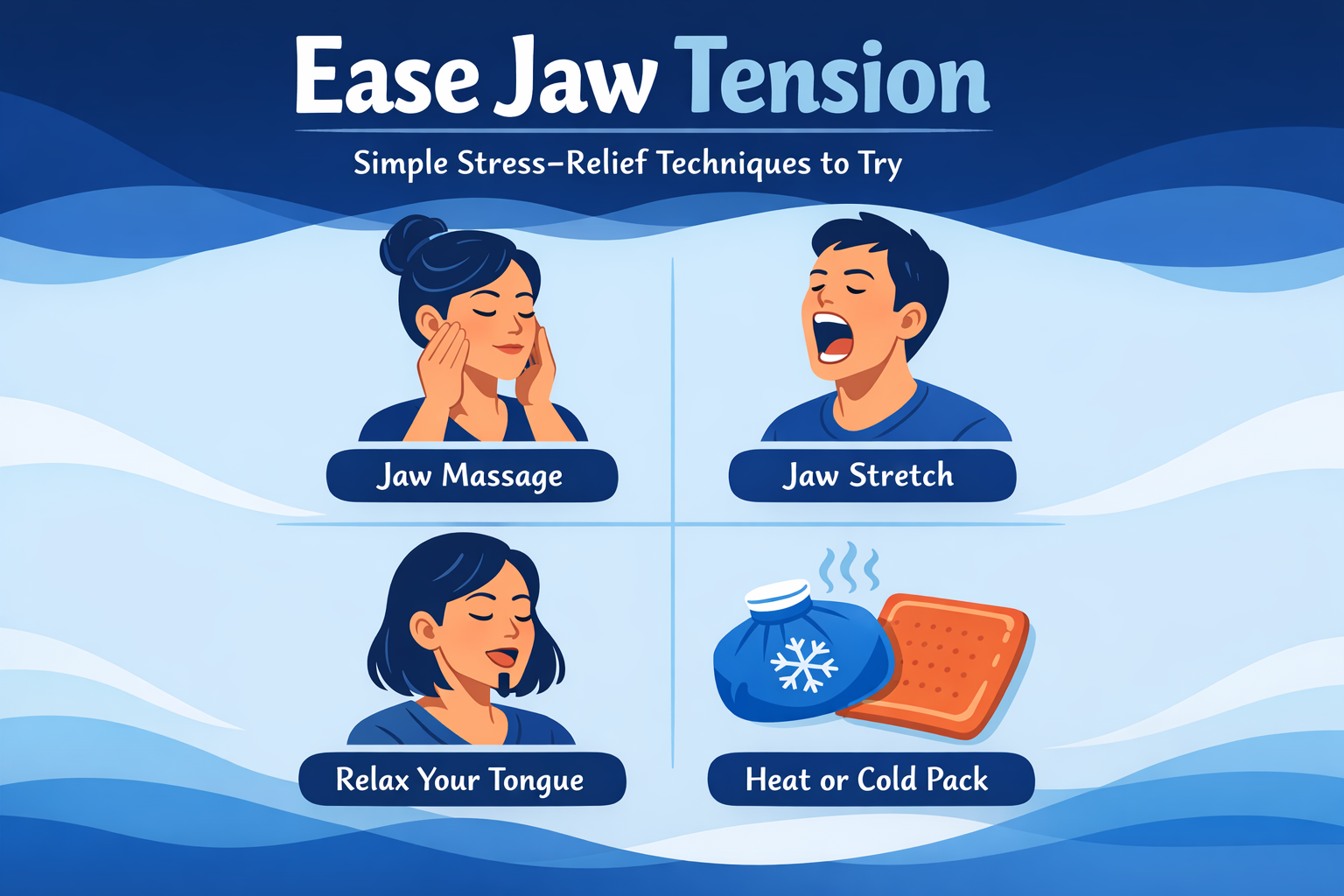 Person gently massaging their jaw muscles with fingertips to relieve jaw tension caused by stress, demonstrating a simple self-care technique at home.