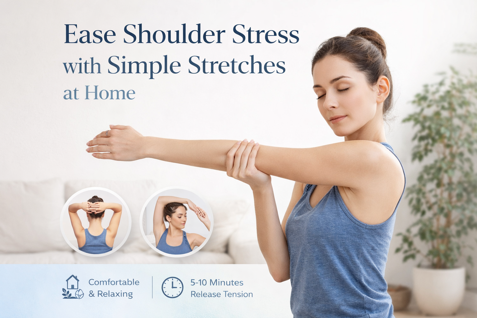 Person gently stretching shoulder muscles while seated at a desk, demonstrating a simple exercise to relieve shoulder stress and tension during work.