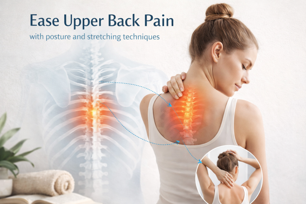 Person practicing deep breathing and gentle stretching exercises at home to relieve upper back pain caused by stress, promoting relaxation and comfort.