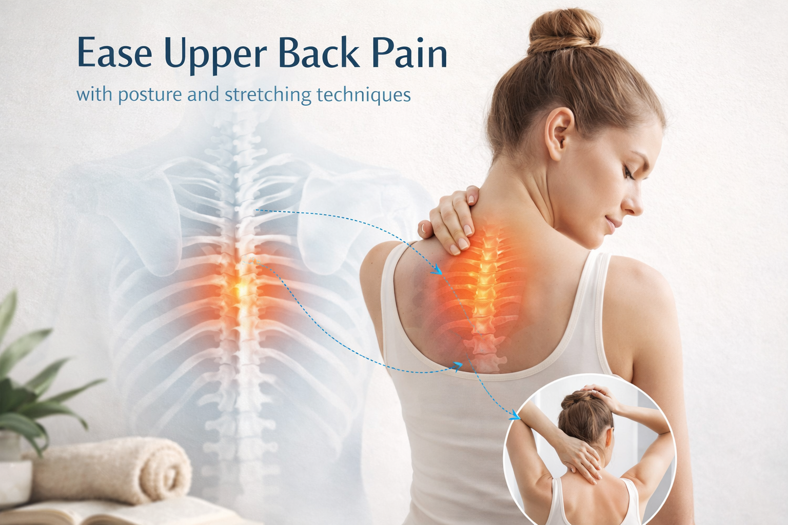 Person practicing deep breathing and gentle stretching exercises at home to relieve upper back pain caused by stress, promoting relaxation and comfort.