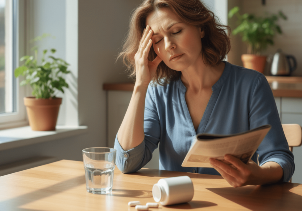 A middle-aged woman sits at a desk with a notebook and herbal tea, researching natural remedies for menopause brain fog on her laptop.