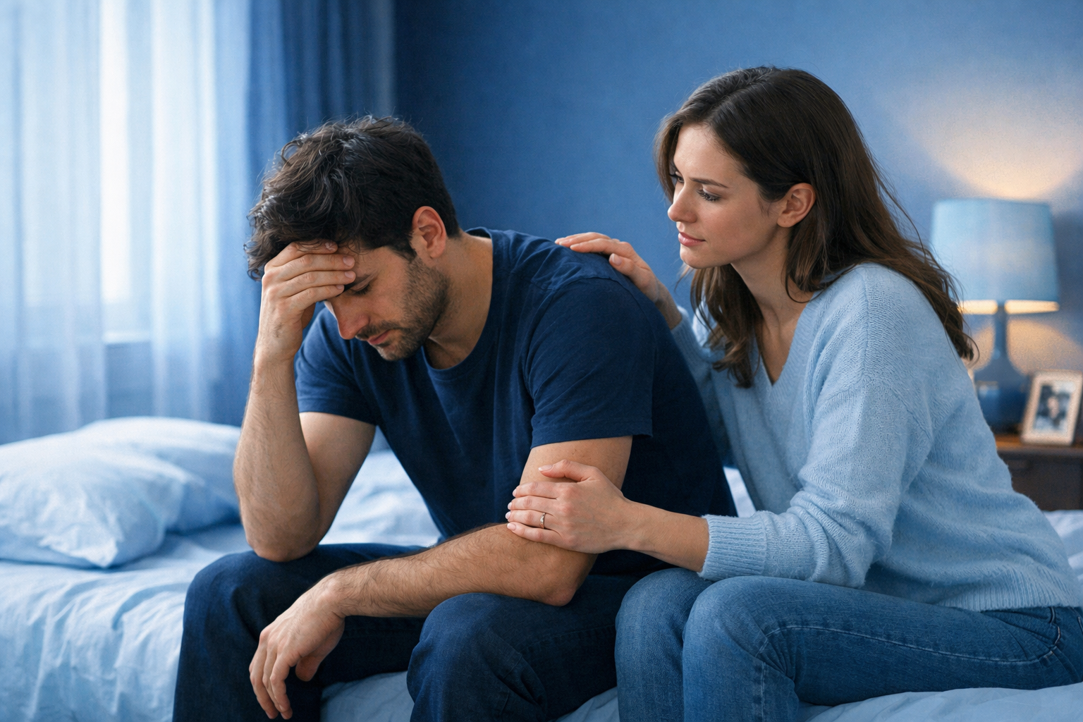 A concerned wife sits beside her depressed husband, offering comfort and support as they talk together on the living room couch.