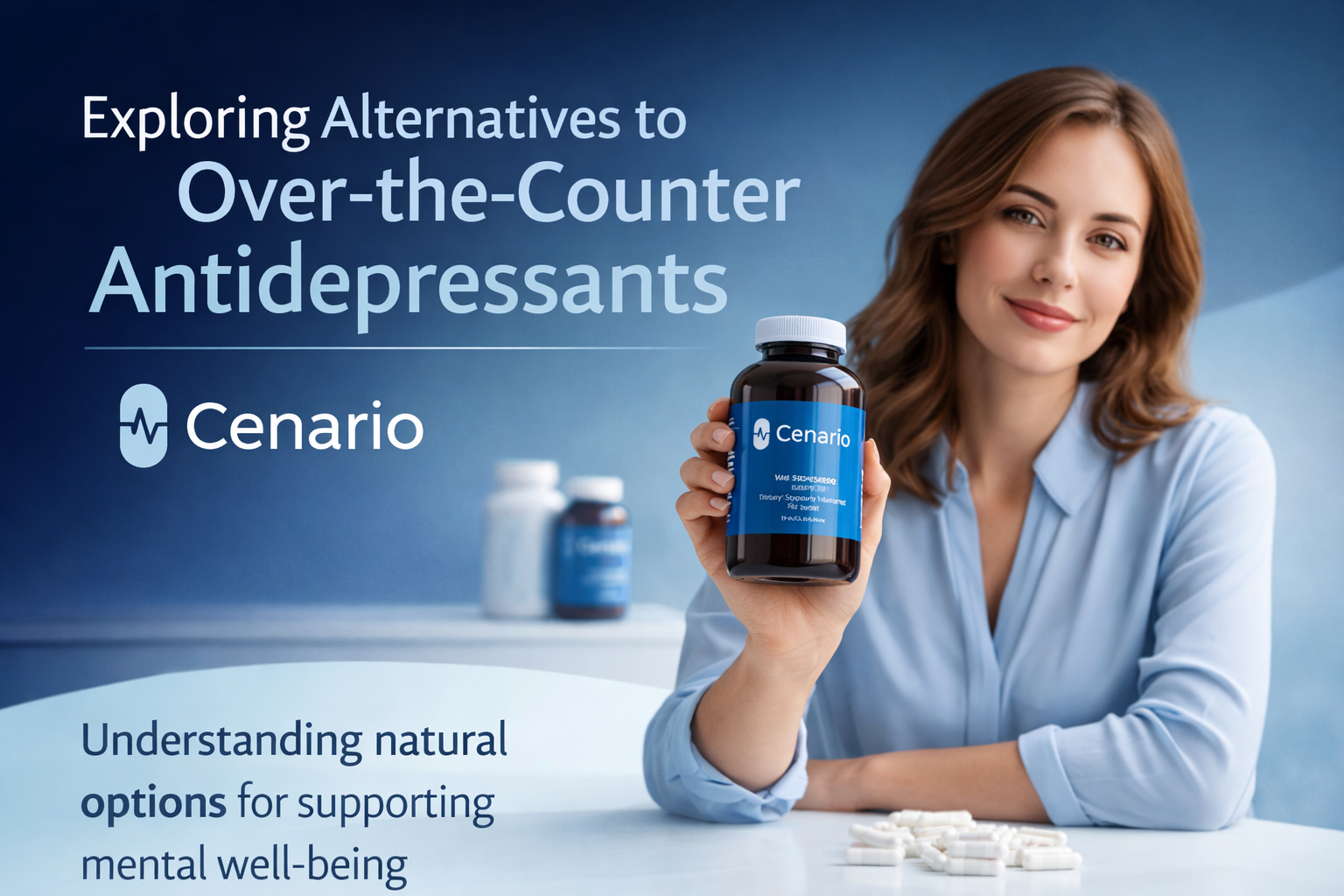 Various over-the-counter antidepressant drugs displayed on a pharmacy shelf, including herbal supplements and non-prescription mood enhancers.