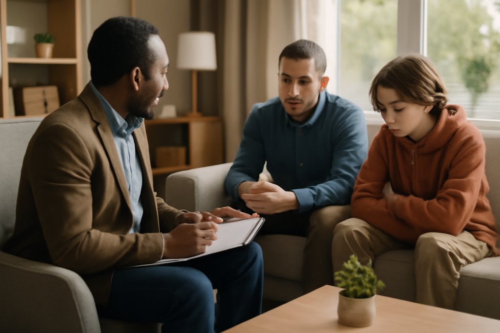 A family sits in a circle with a therapist, engaging in open conversation during a family therapy session to improve communication and resolve conflicts.