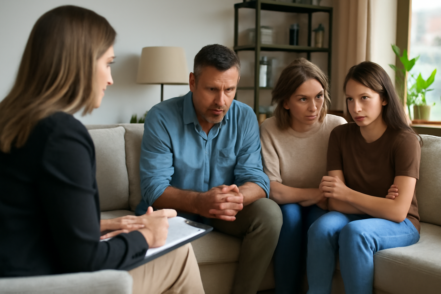 Family of three attentively listening to a therapist in session