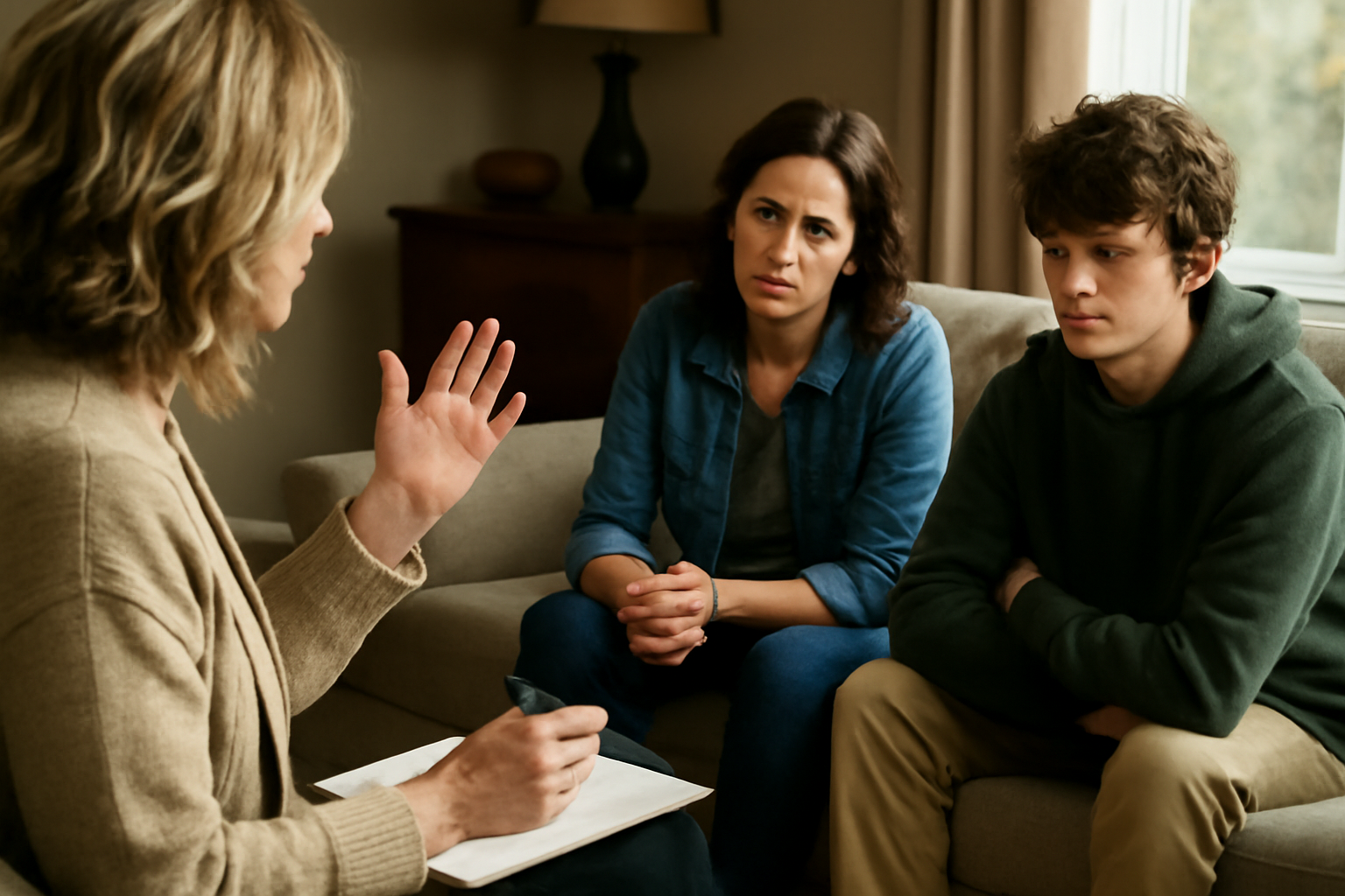 Woman and teenage boy in a therapy session with counselor