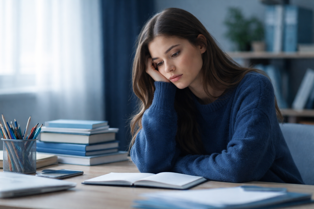 A person sits alone on a bed in a dimly lit room, staring blankly ahead, visually representing feelings of emptiness and emotional numbness.