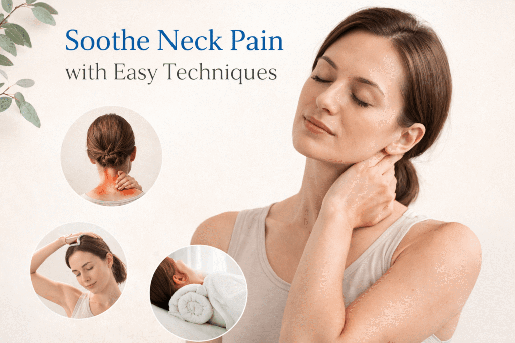 Person gently massaging their neck and shoulders while sitting at a desk, demonstrating techniques to relieve neck pain caused by stress and tension.