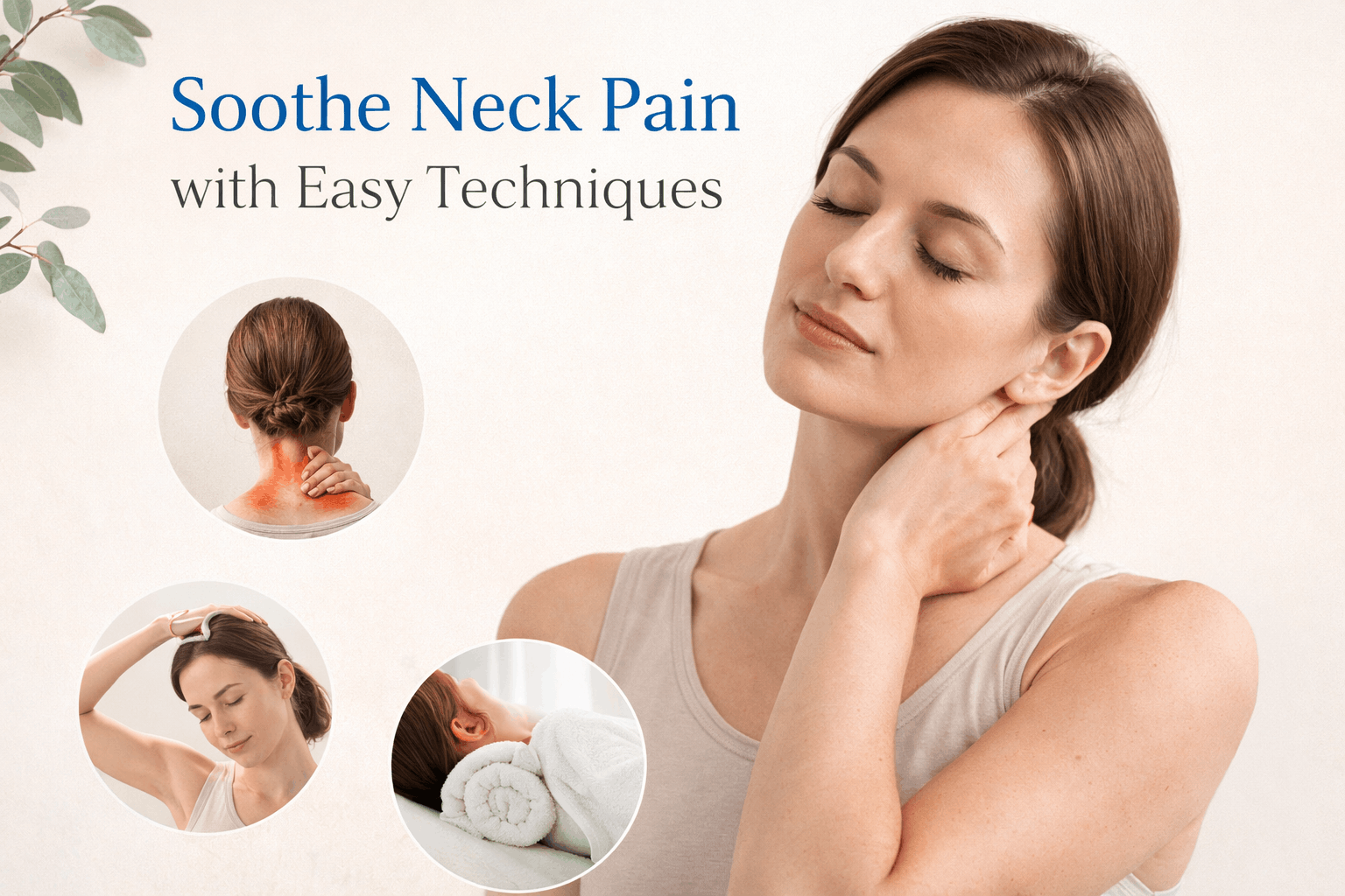 Person gently massaging their neck and shoulders while sitting at a desk, demonstrating techniques to relieve neck pain caused by stress and tension.